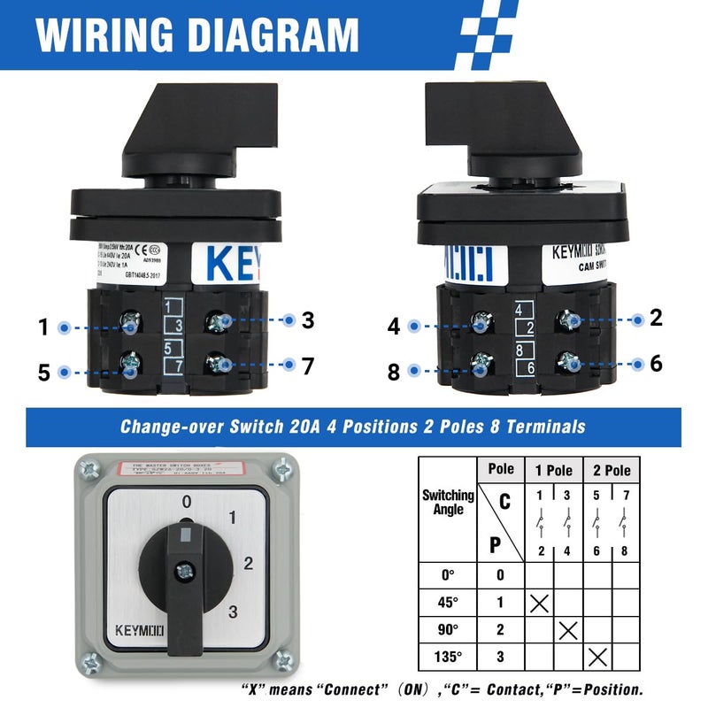 Keymoo 20A Black Rotary Changeover Switch with Box, 3-Way 1 NO 1 NC, 660V 8 Terminals, Universal Selector Switch with Fork Terminals, IP65 (4 Positions 2 Poles - Black - Image 2